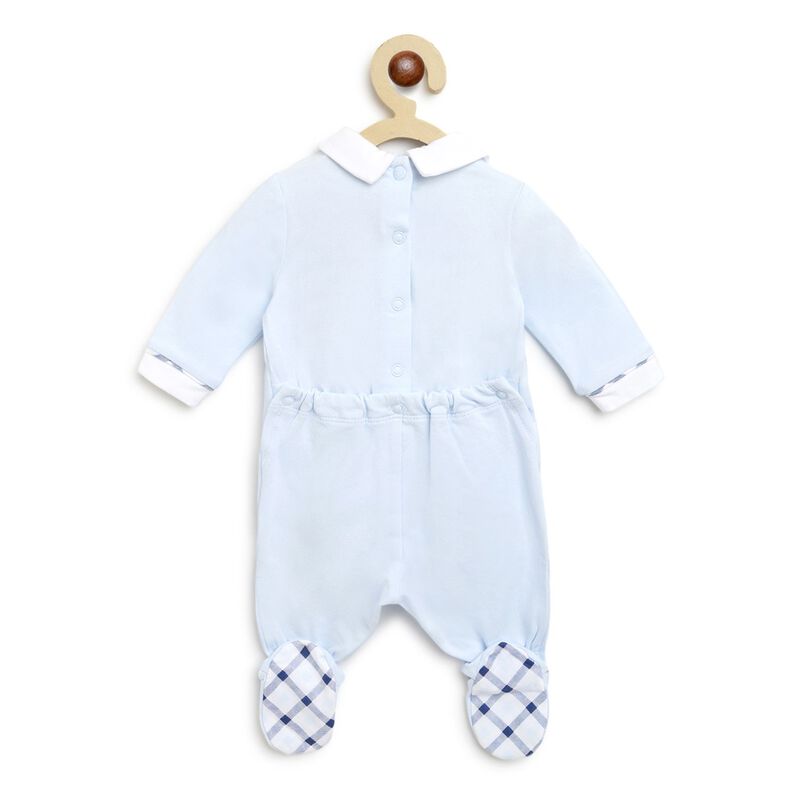 Boys Light Blue Printed Nappy Opening Babysuit image number 1